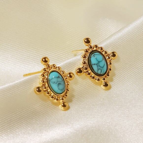 Vintage Inlaid Turquoise Stone Stud Earrings 18K Gold Plated Stainless Steel